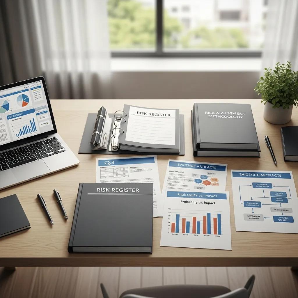 Organized workspace showing ISO 27001 risk assessment documents and tools