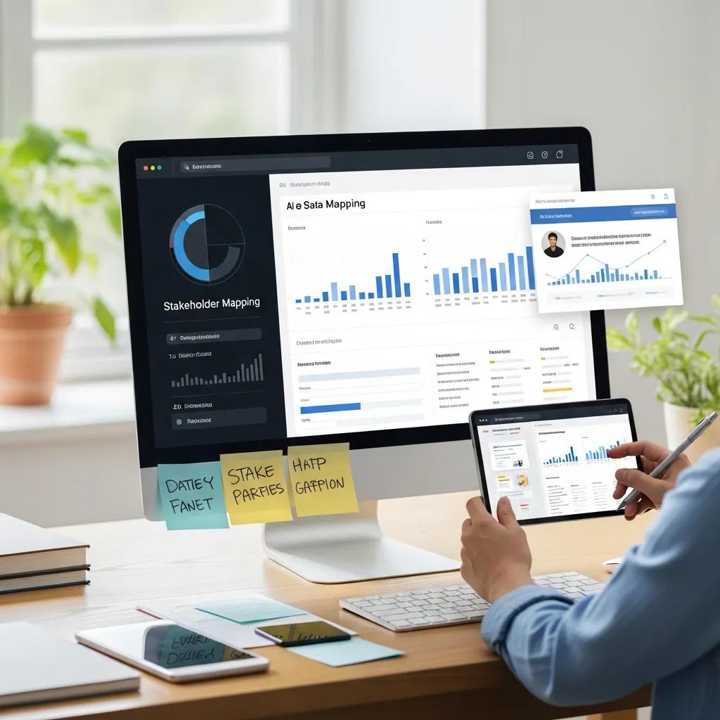 Analyst reviewing AI-powered stakeholder mapping dashboard on a laptop