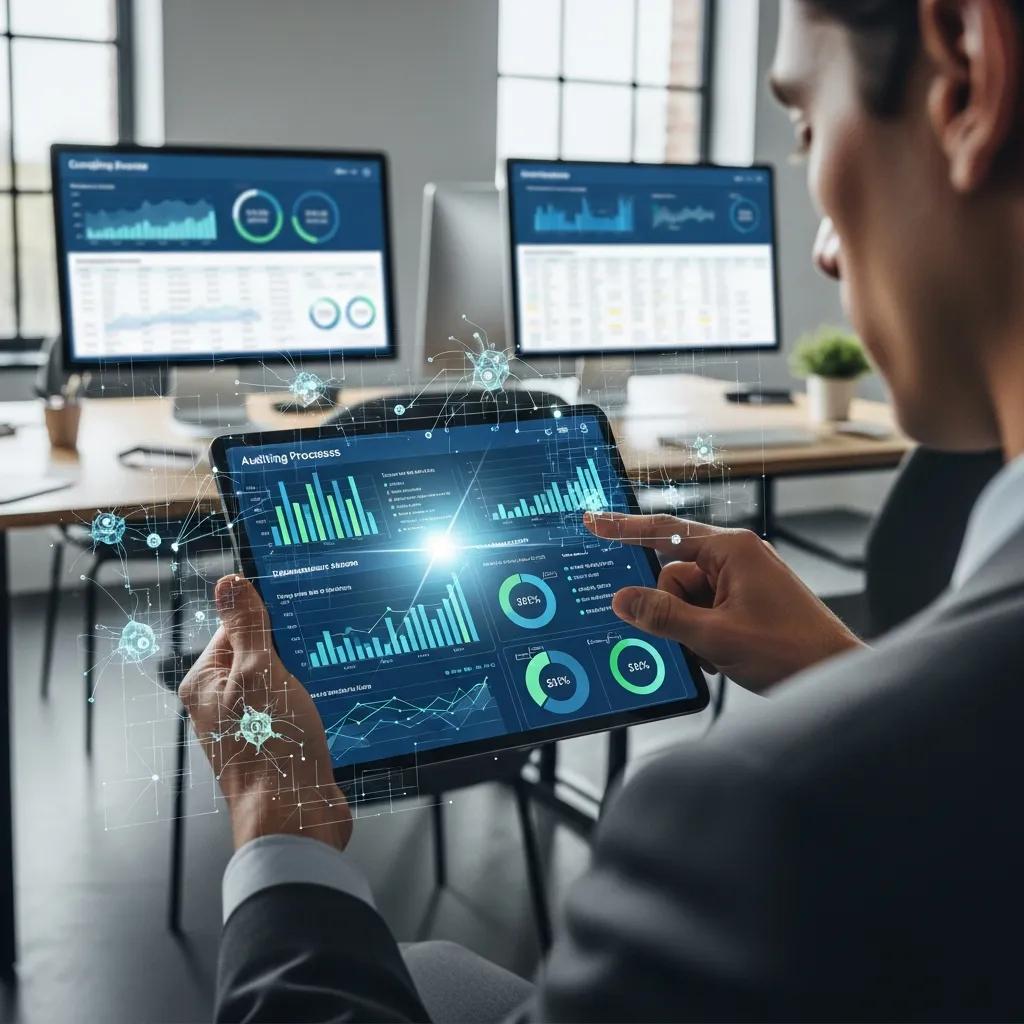 Analyst reviewing compliance dashboards for AI-assisted auditing