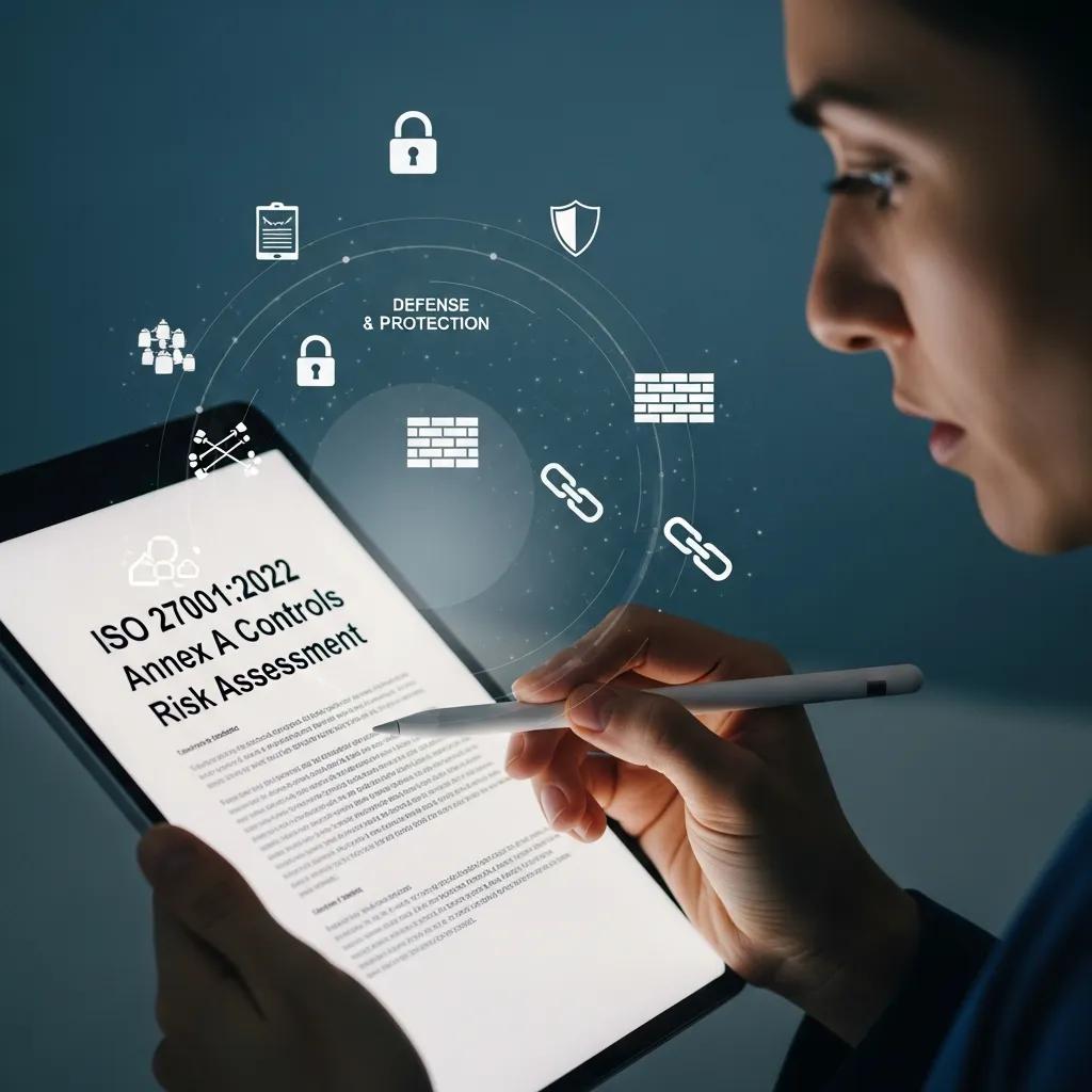 Analyst reviewing a risk assessment dashboard with security icons