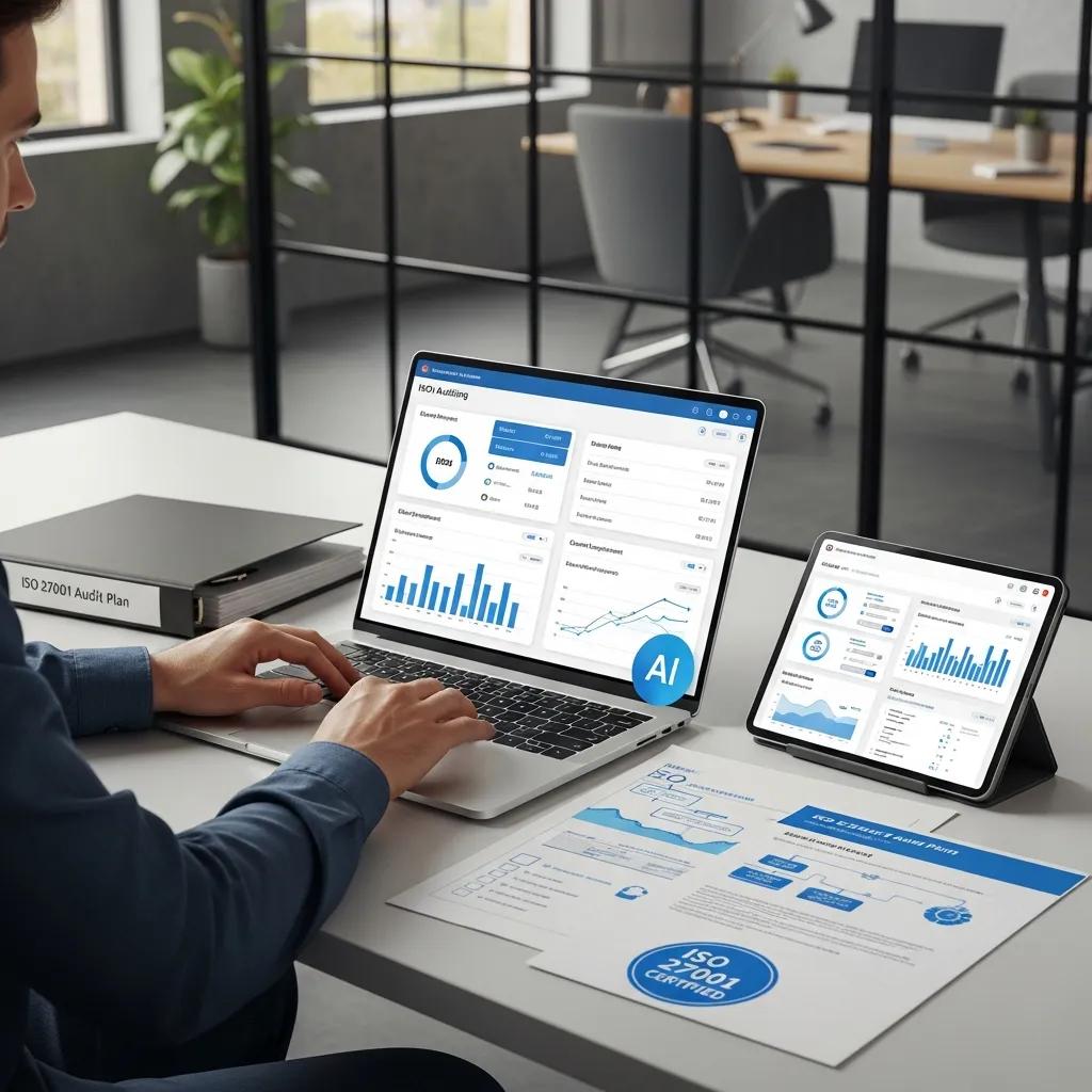 Person using AI-assisted auditing software to prepare ISO 27001 documents