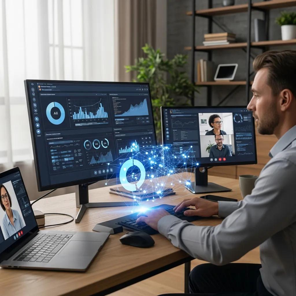 Analyst reviewing AI-assisted audit data in a remote work setting