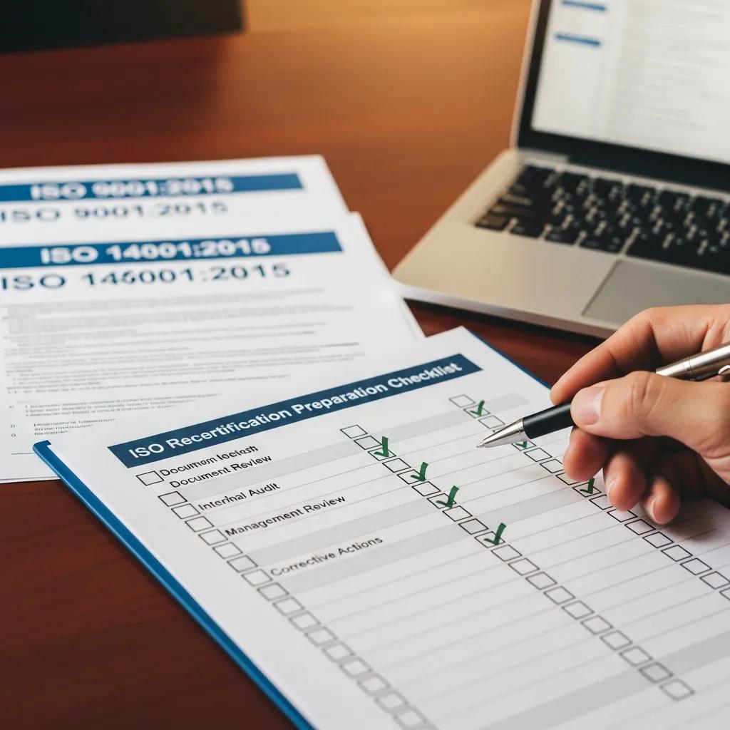 Reviewer checking an ISO recertification checklist in an office