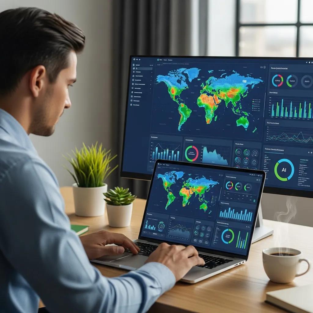 Professional using AI tools for environmental data analysis in a modern workspace