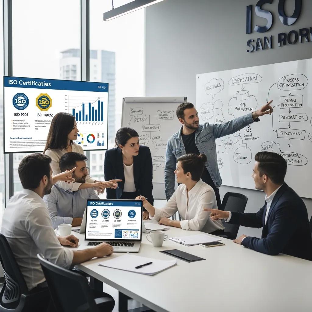 Professionals collaborating in an office discussing ISO certification benefits and business growth