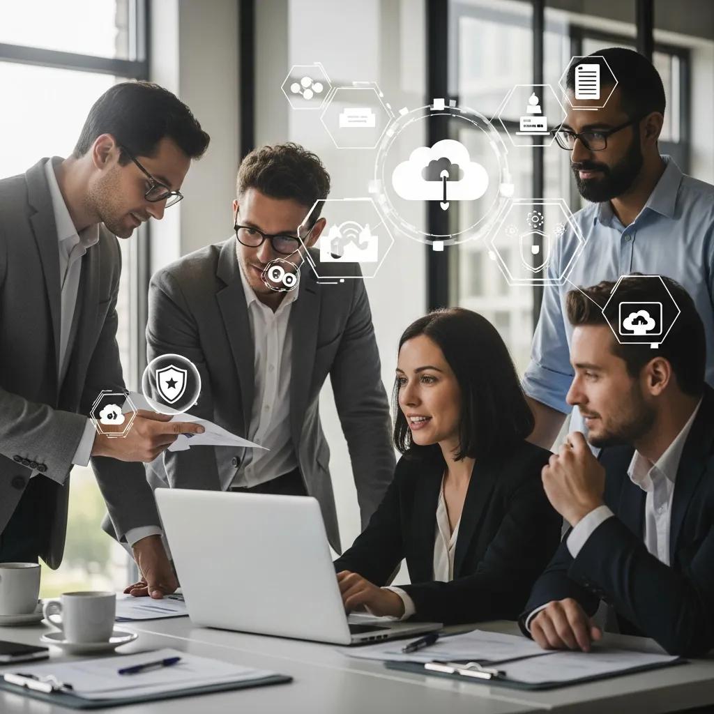 Professionals collaborating on cloud security and data privacy in a modern office setting
