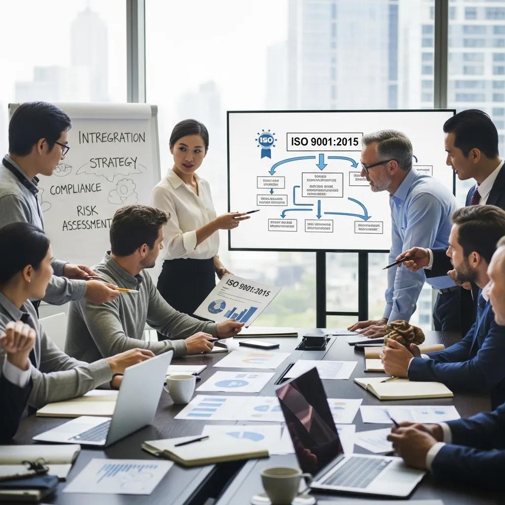 Cross-functional team coordinating ISO standards integration and industry certification