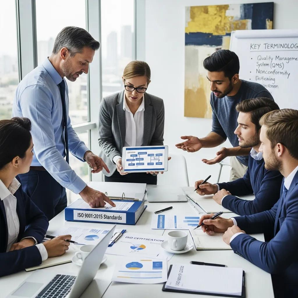 Professionals collaborating on ISO certification standards in a modern office
