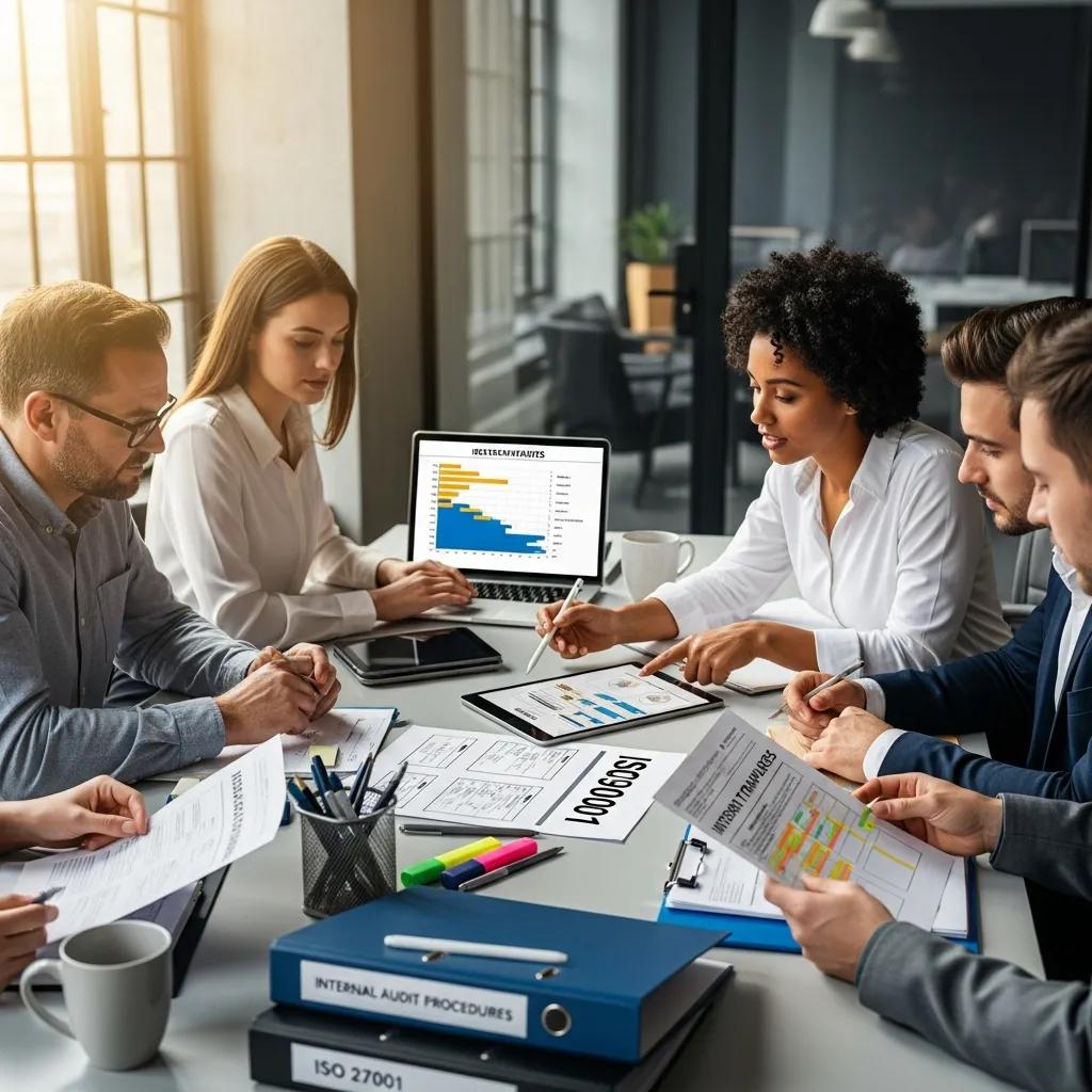 Professionals collaborating over ISO templates and checklists in a modern office