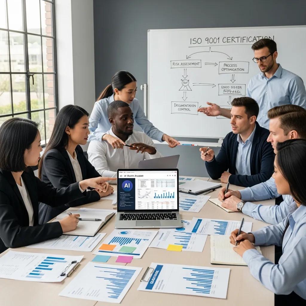 Professionals discussing AI-driven audit tools in a modern office setting