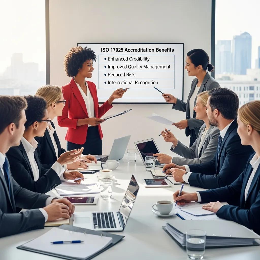 Professionals collaborating to review the benefits of ISO 17025 accreditation