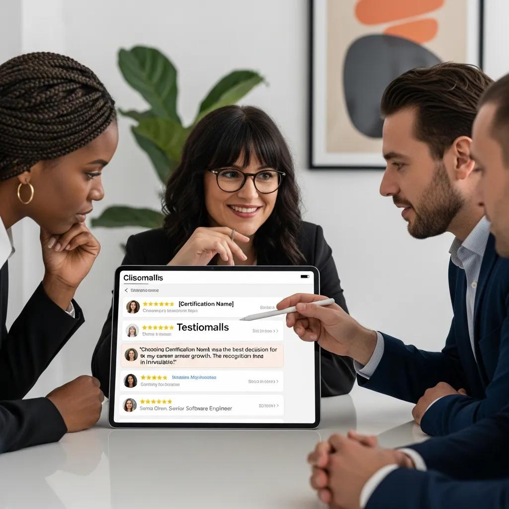 Professionals viewing client testimonials on a tablet in an office