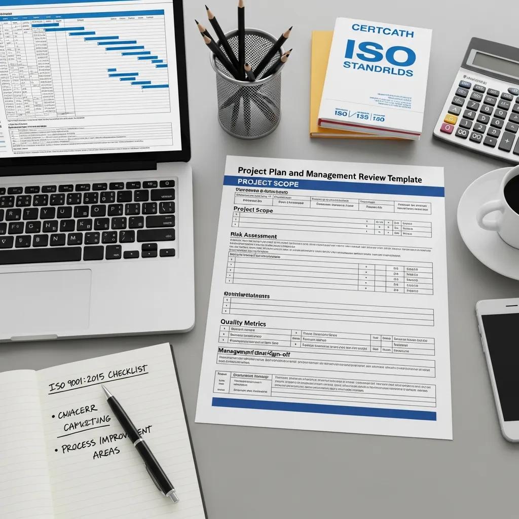 Project plan and management review template on a desk for ISO certification preparation