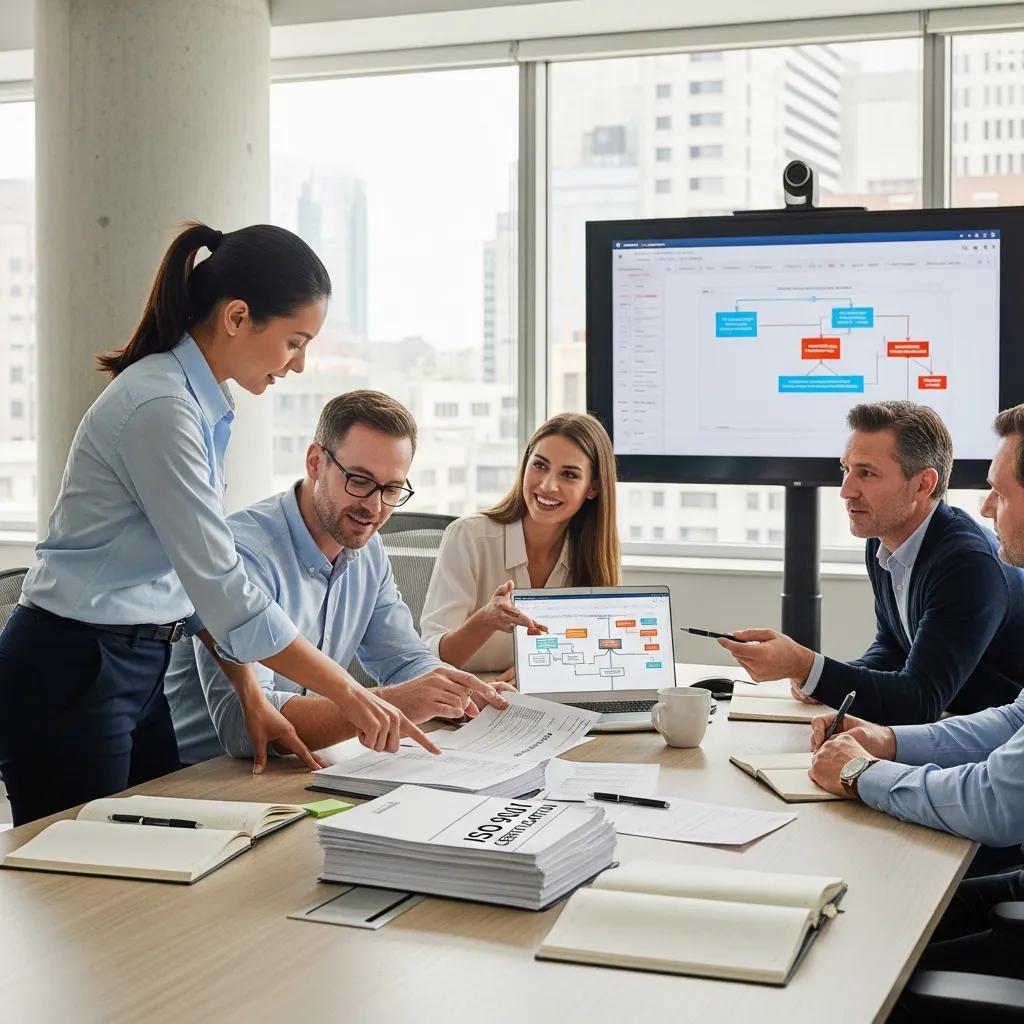 Public sector employees collaborating on ISO 9001 certification processes in an office setting