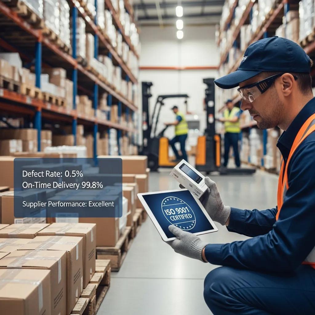 Inspector checking products in a warehouse to ISO 9001 standards