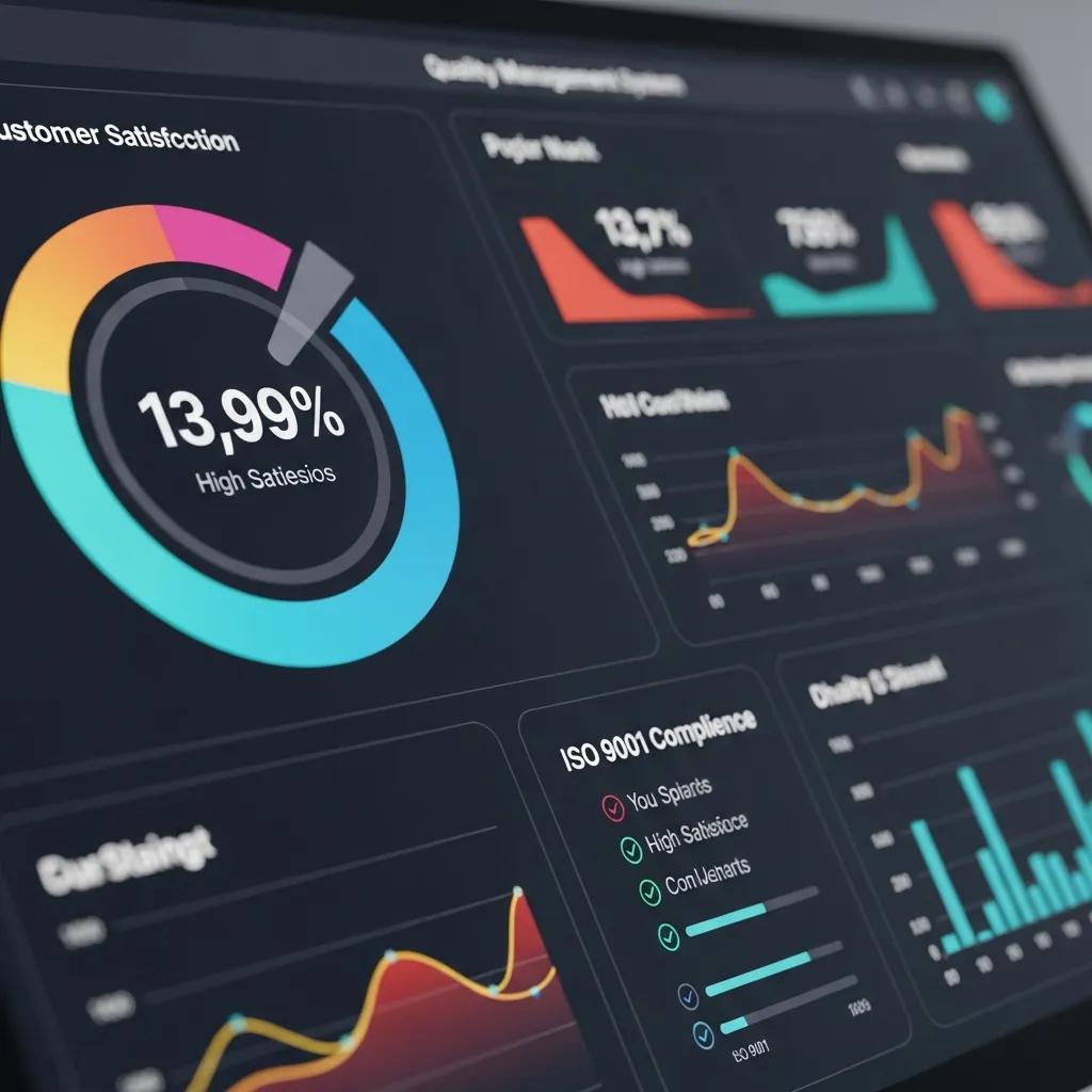 Quality management system dashboard highlighting customer satisfaction metrics and ISO 9001 compliance