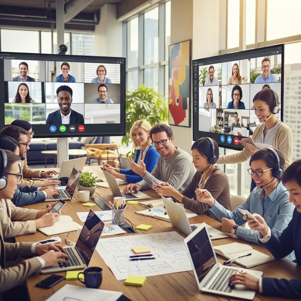 Remote collaboration in a modern office setting with diverse professionals using digital devices