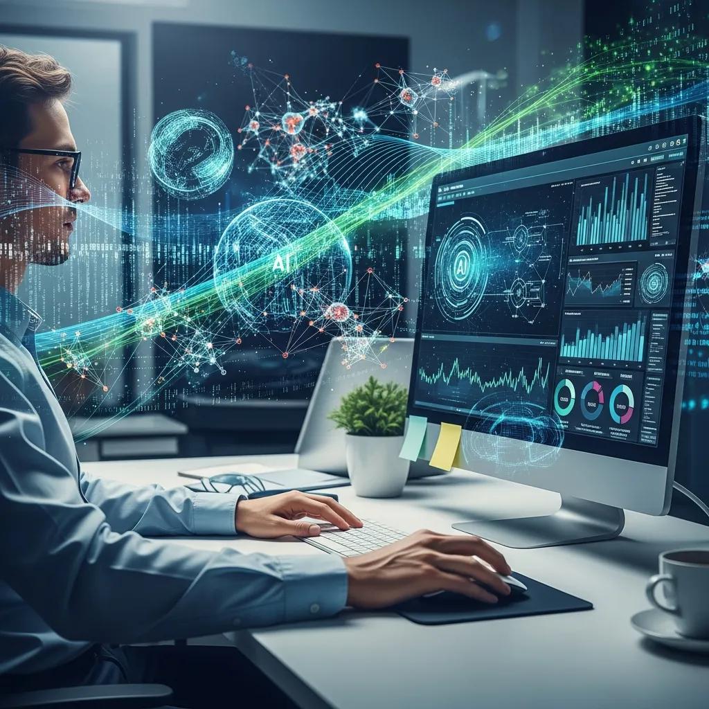 Researcher using AI to analyze innovation data during ISO 56000 implementation