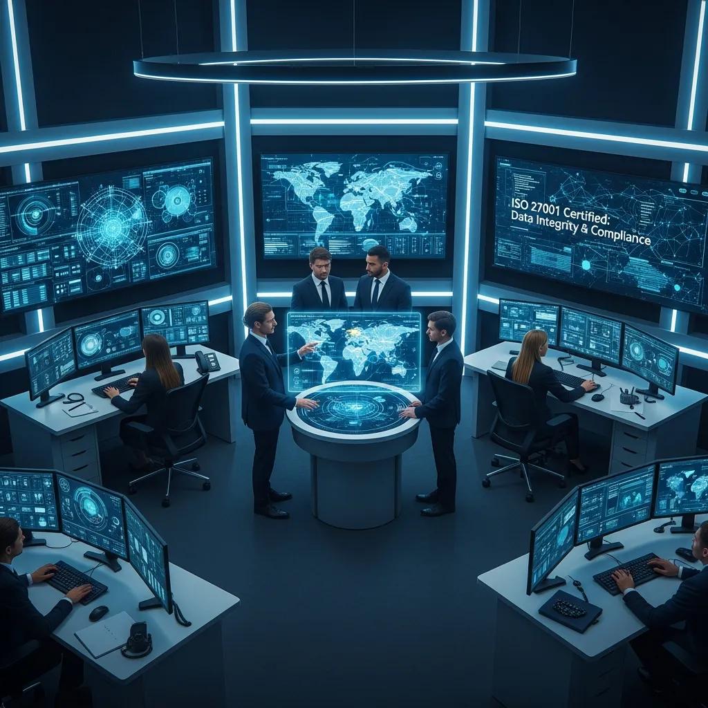 Security team monitoring systems to illustrate risk reduction through ISO certification