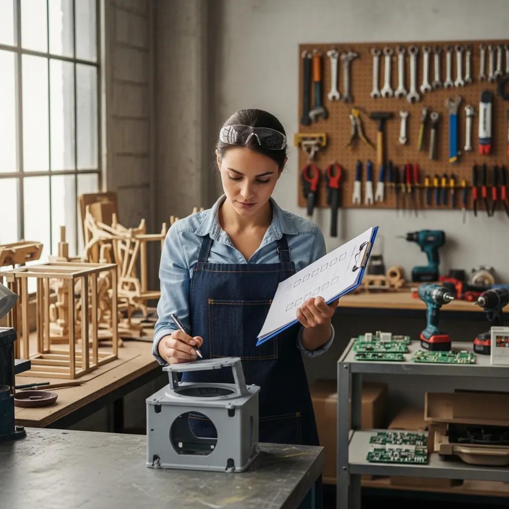 Small business owner checking quality processes on a tablet in a workshop