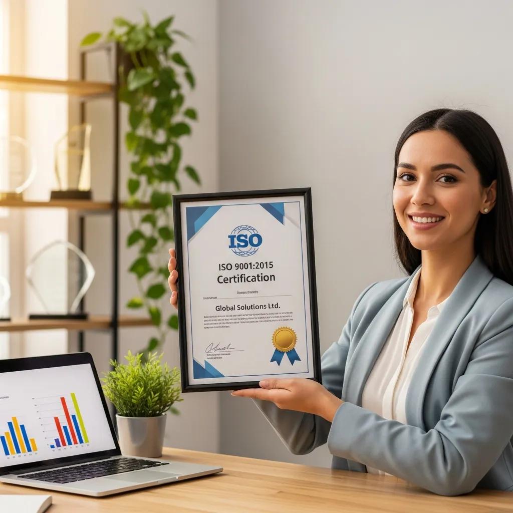 Small business owner displaying an ISO certificate in a welcoming workspace