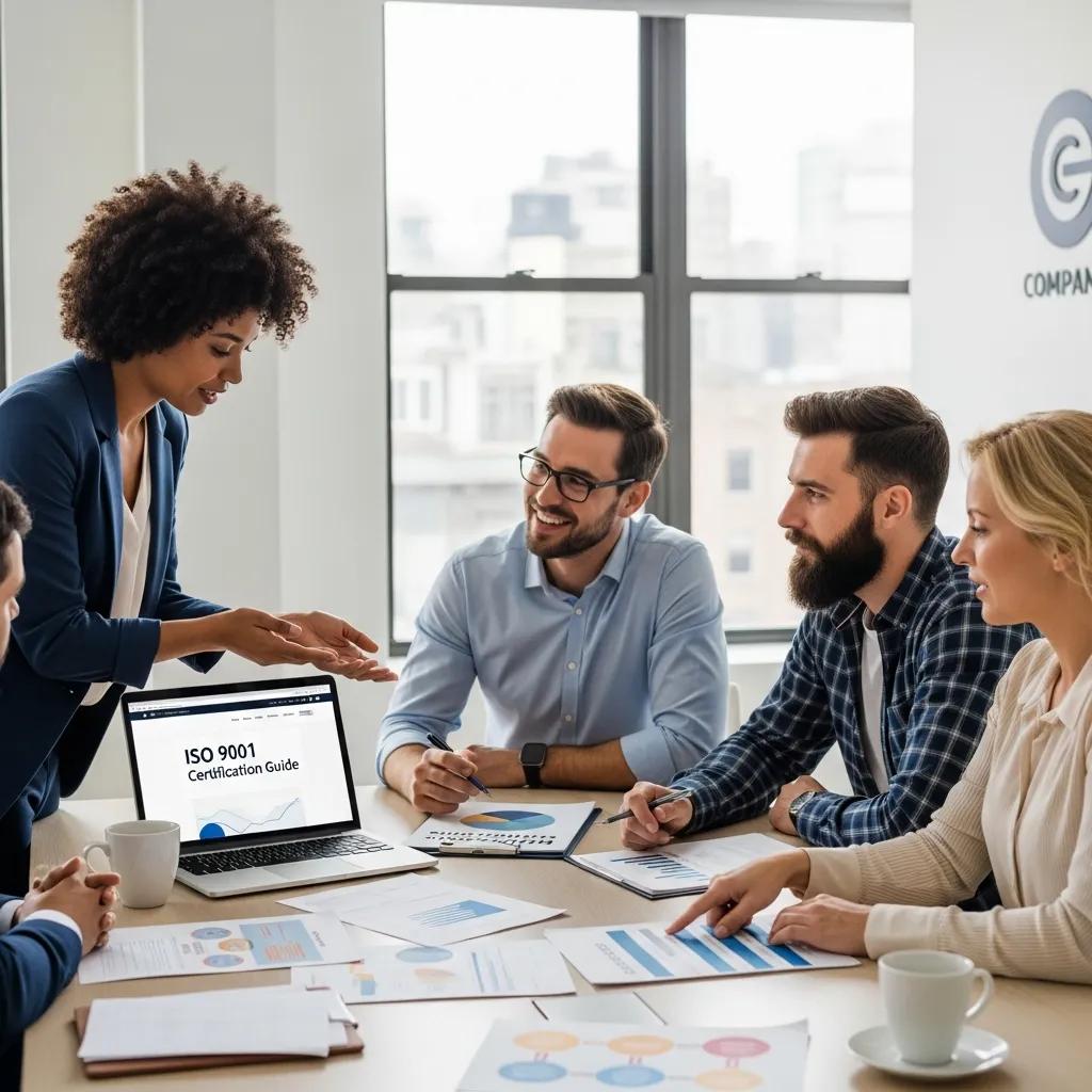 Small business team discussing ISO certification benefits in a modern office