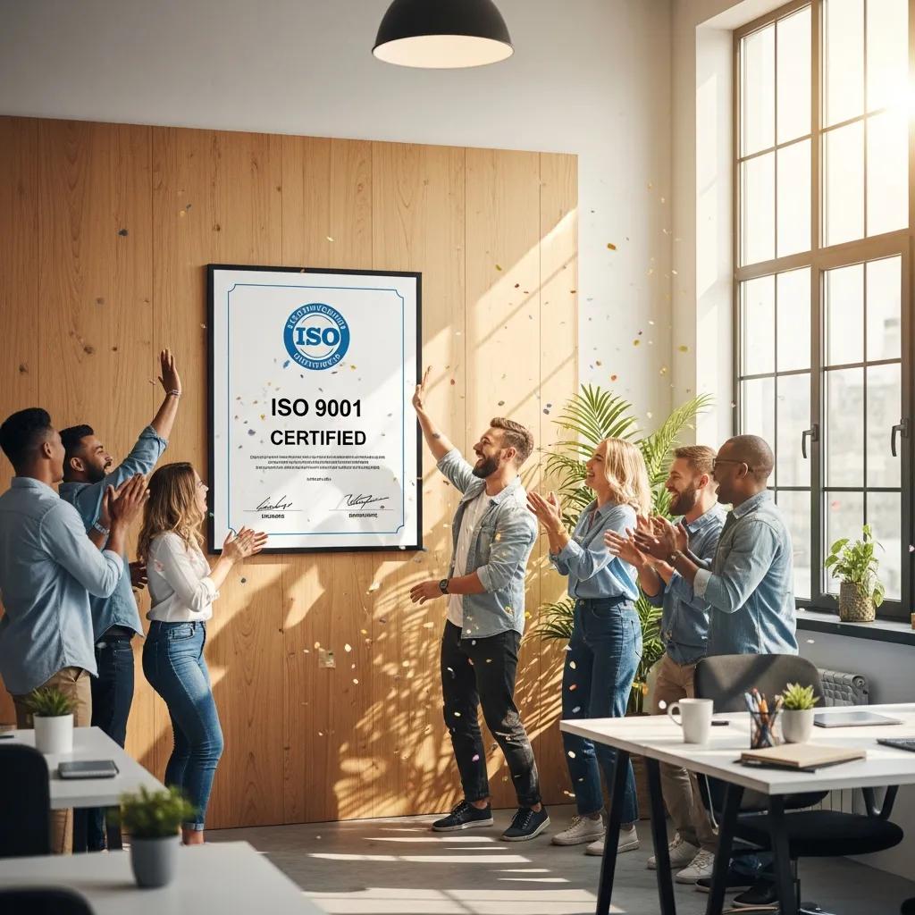 Team celebrating an ISO 9001 certification milestone