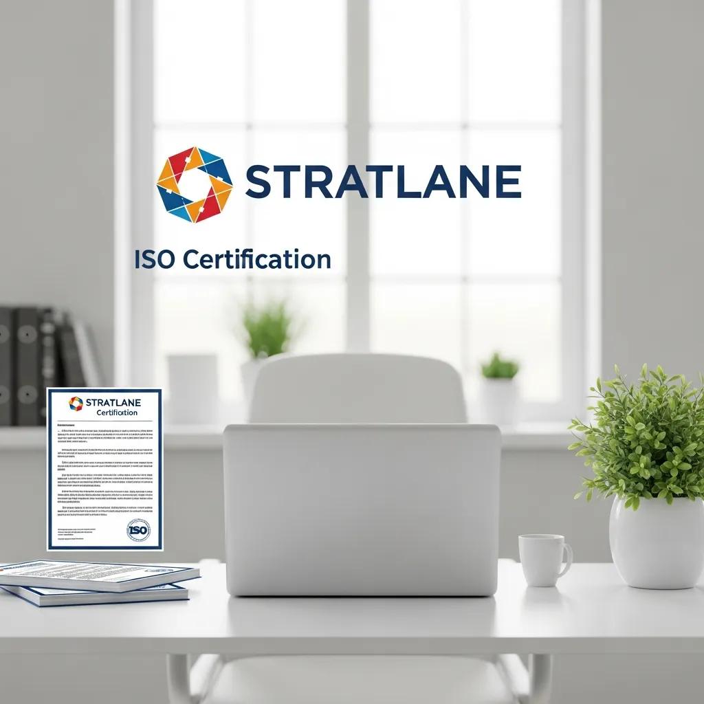 Stratlane ISO certification logo in a modern office setting, symbolizing quality and compliance