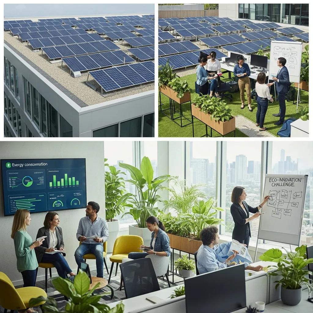 Sustainable business practices with solar panels and green office environment