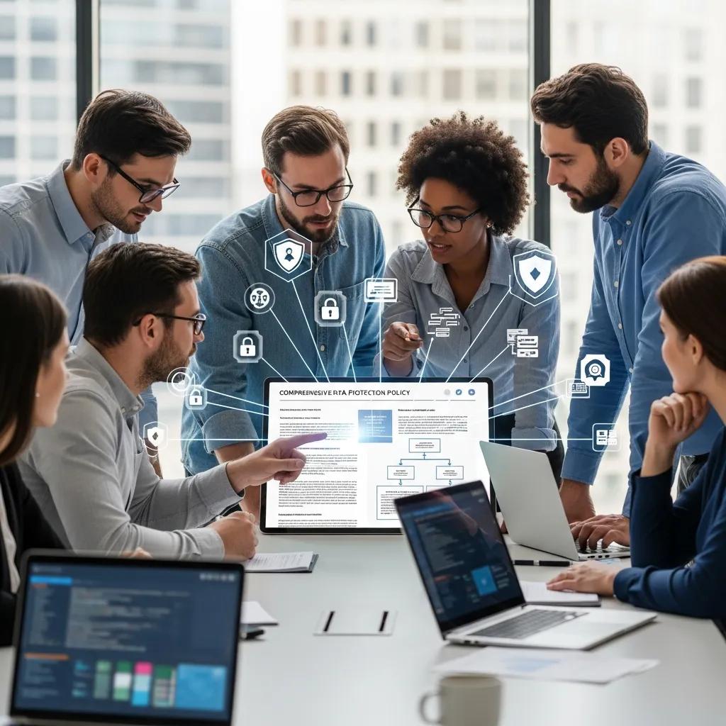 Team collaborating on an ISO 27001 information security policy in a modern office