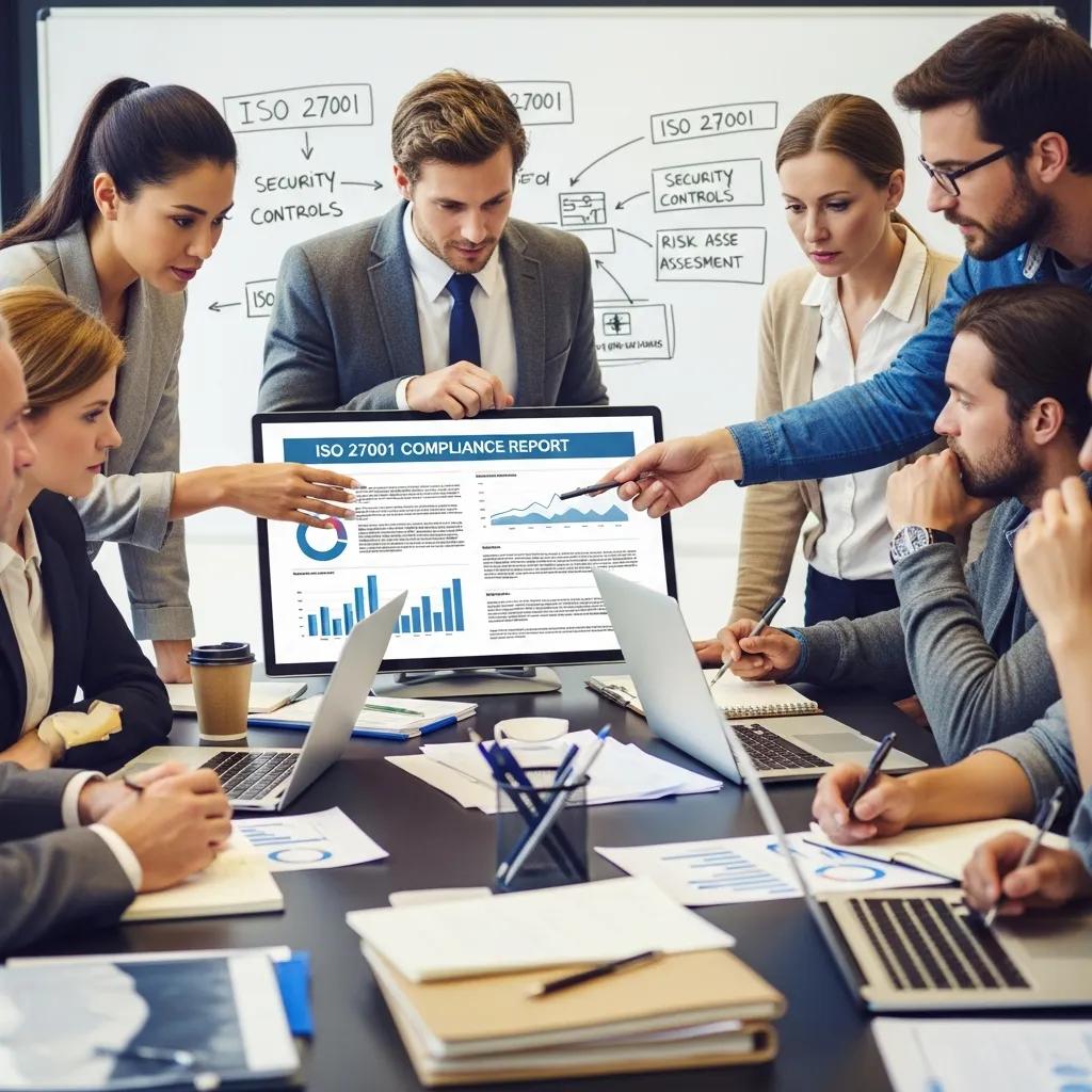 Team collaborating on ISO 27001 compliance document in a modern office setting