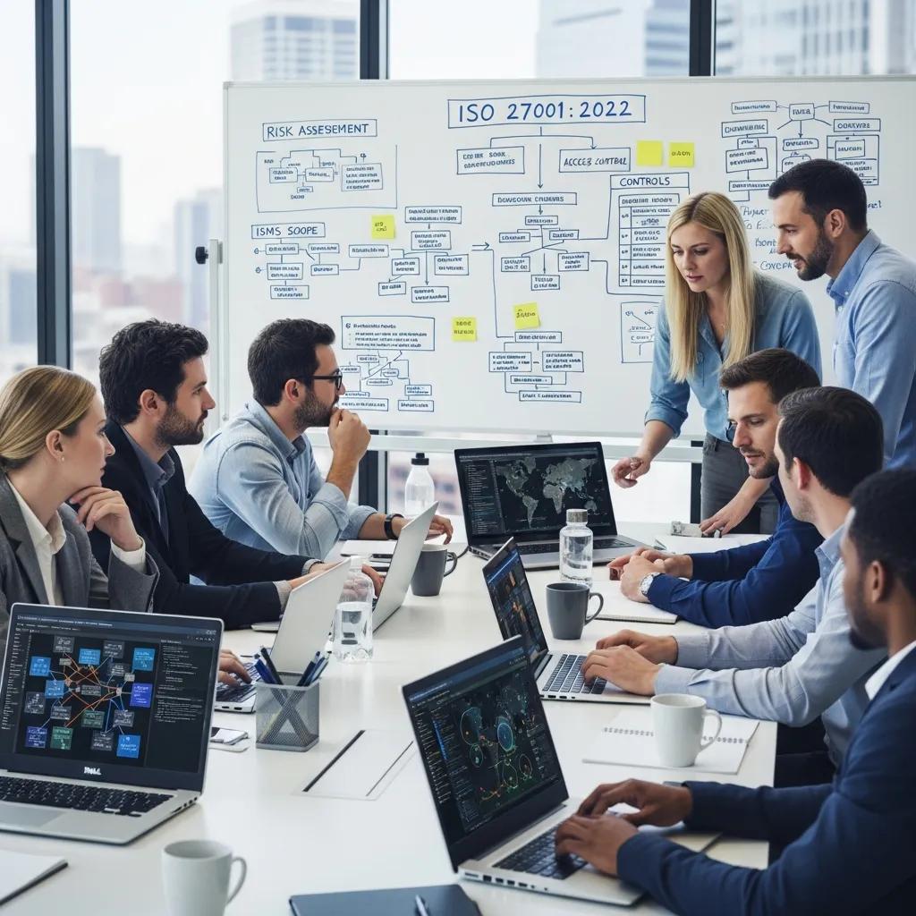 Team collaborating on ISO 27001:2022 data protection strategies in a modern office