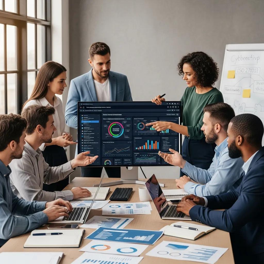 Team collaborating on ISO 27001:2022 risk assessment in a modern office