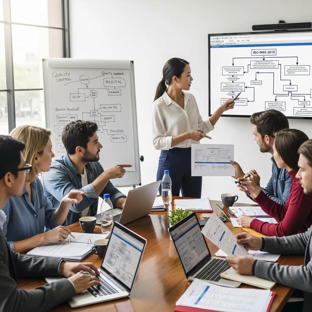 Team collaborating on ISO 9001:2015 documentation in a modern office