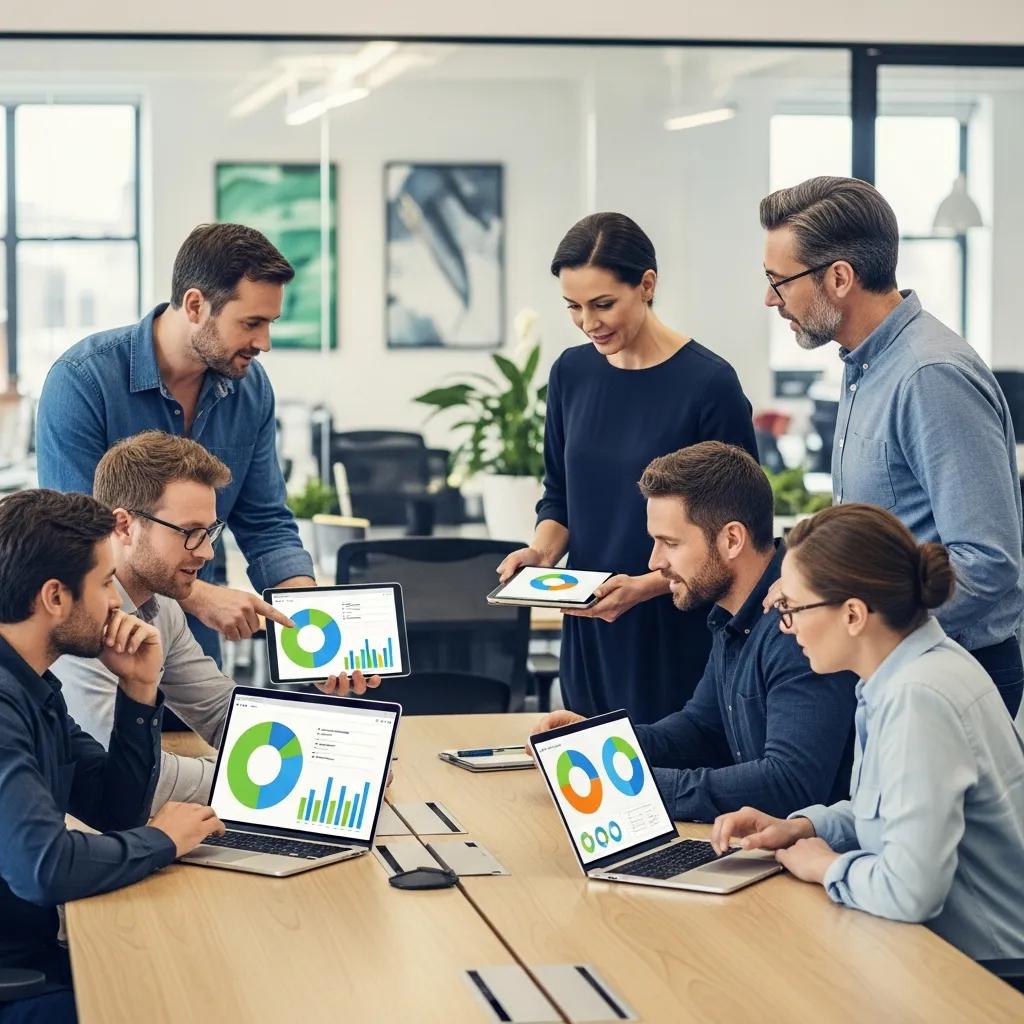 Team collaborating on ISO management software in a modern office