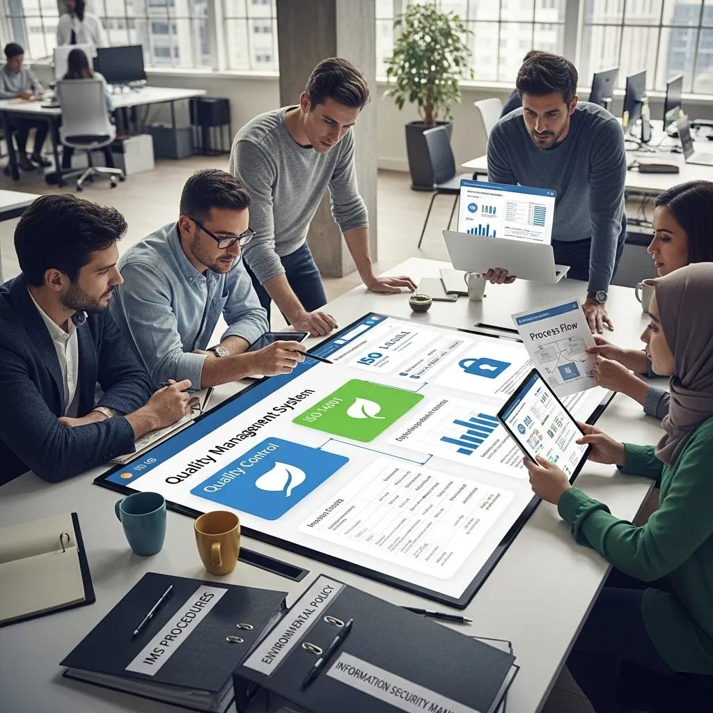 Team collaboration on Integrated Management System in a modern office setting
