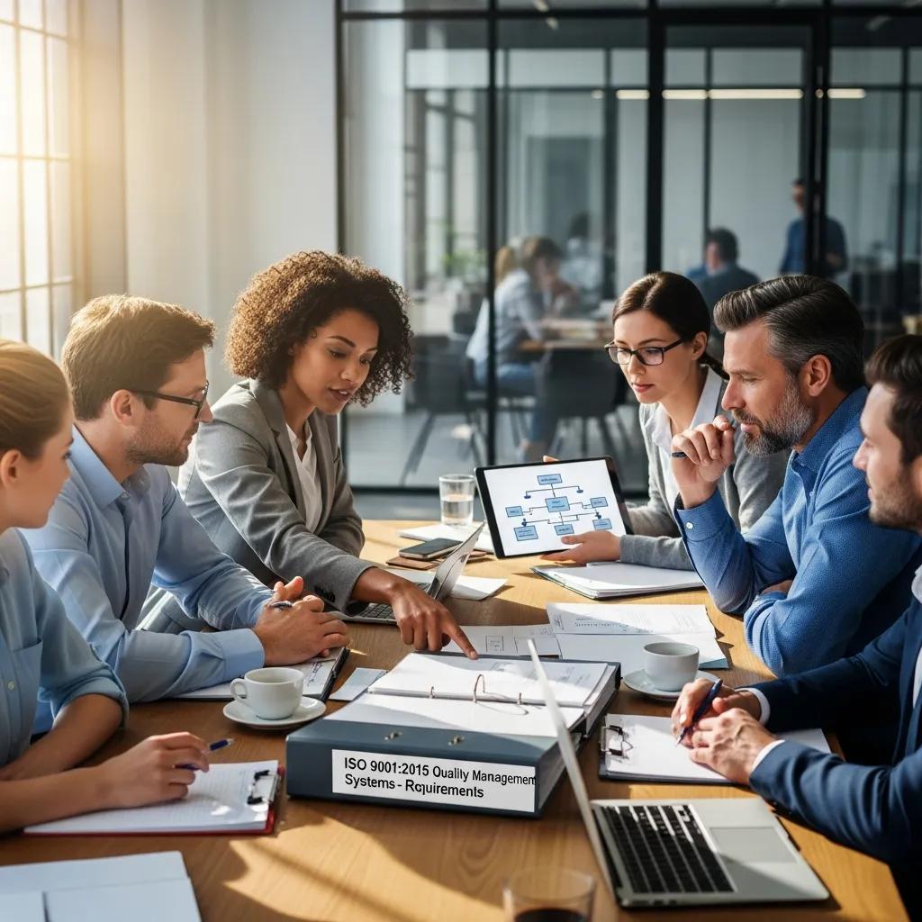 Team collaboration on ISO 9001 certification documents in a modern office