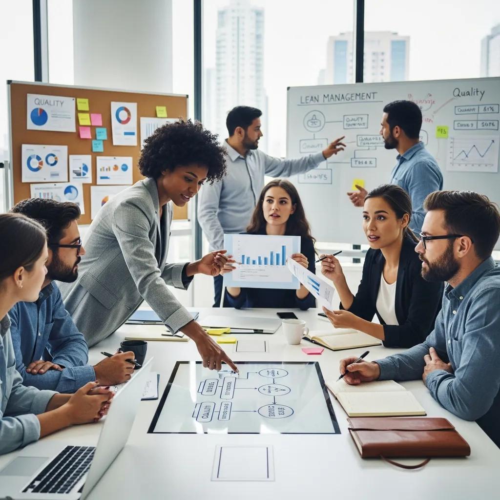 Team collaboration on quality management principles in a modern office setting