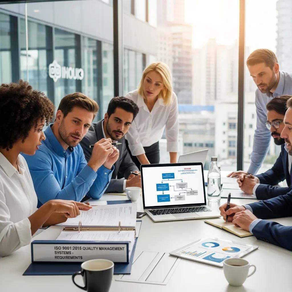 Team collaboration on quality management strategies in a modern office setting