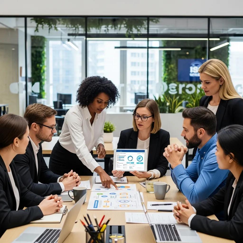 Team discussing ISO certification processes in a modern office setting