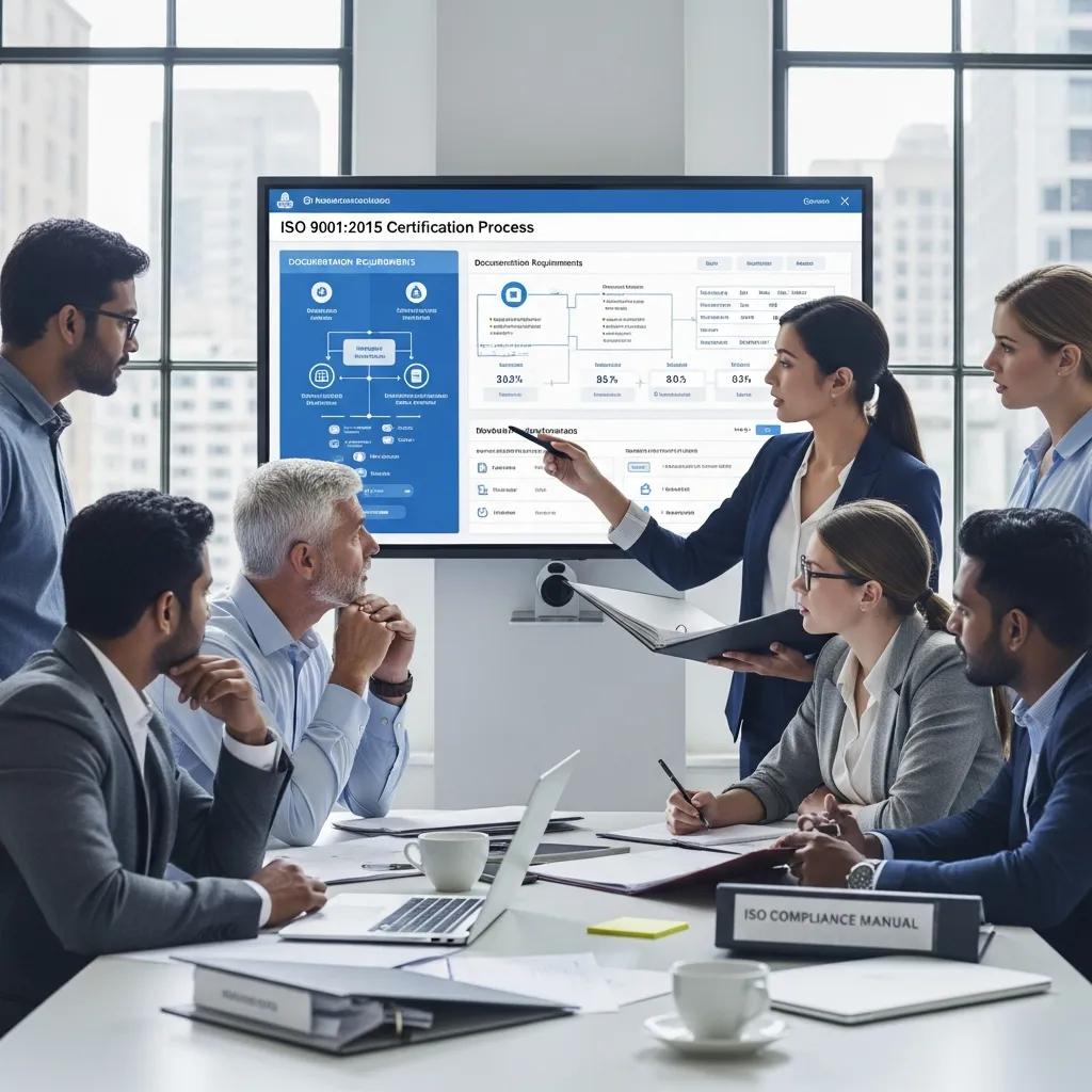 Team discussing ISO certification strategies in a modern office