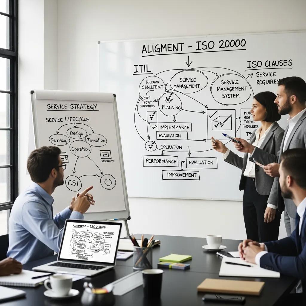 Team aligning ITIL practices with ISO 20000 in a collaborative workspace