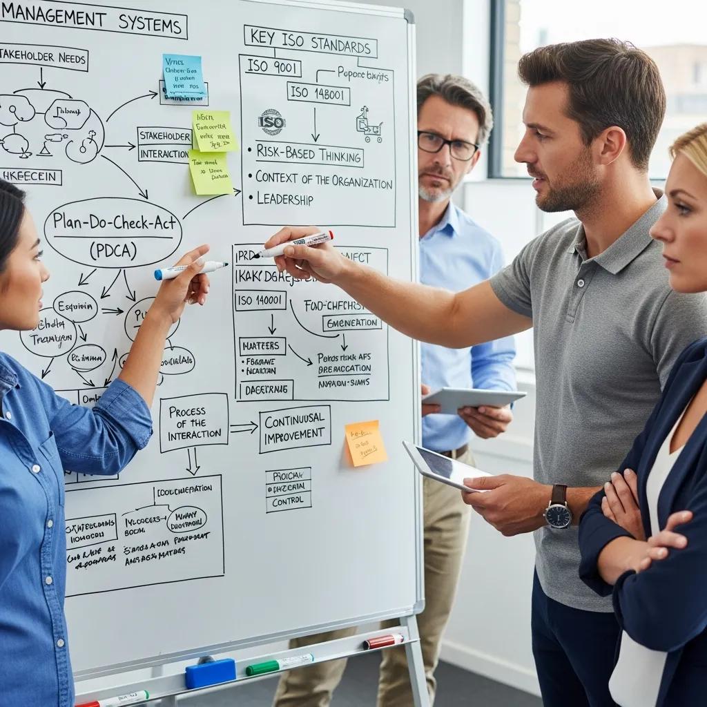 Team discussing core management system terms on a whiteboard