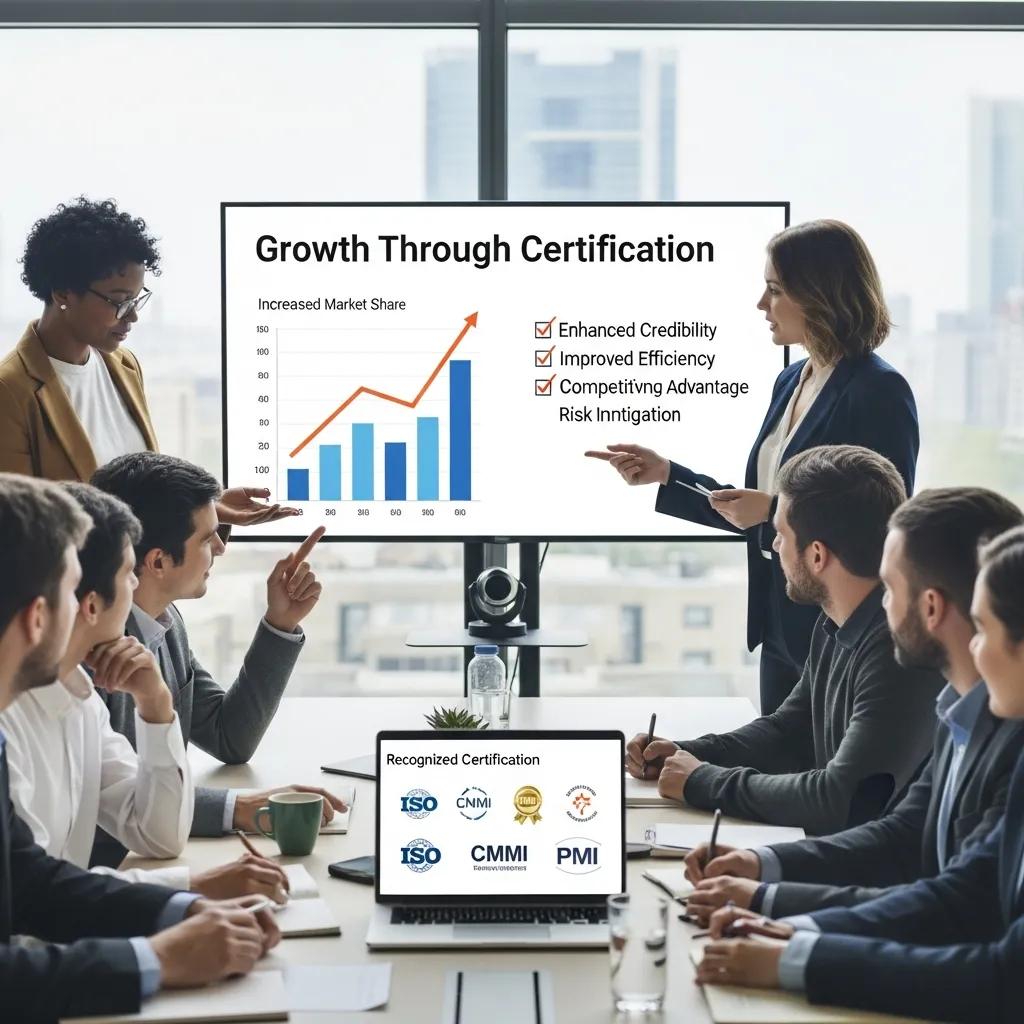 Team discussing the business advantages of accredited certification during a meeting