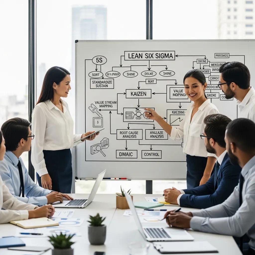 Colleague presenting Lean Six Sigma flowchart during a team workshop
