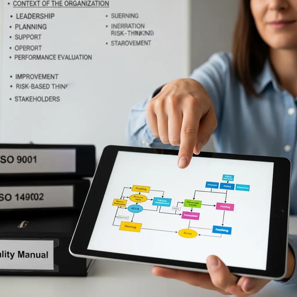 Presenter showing ISO management system definitions on a tablet