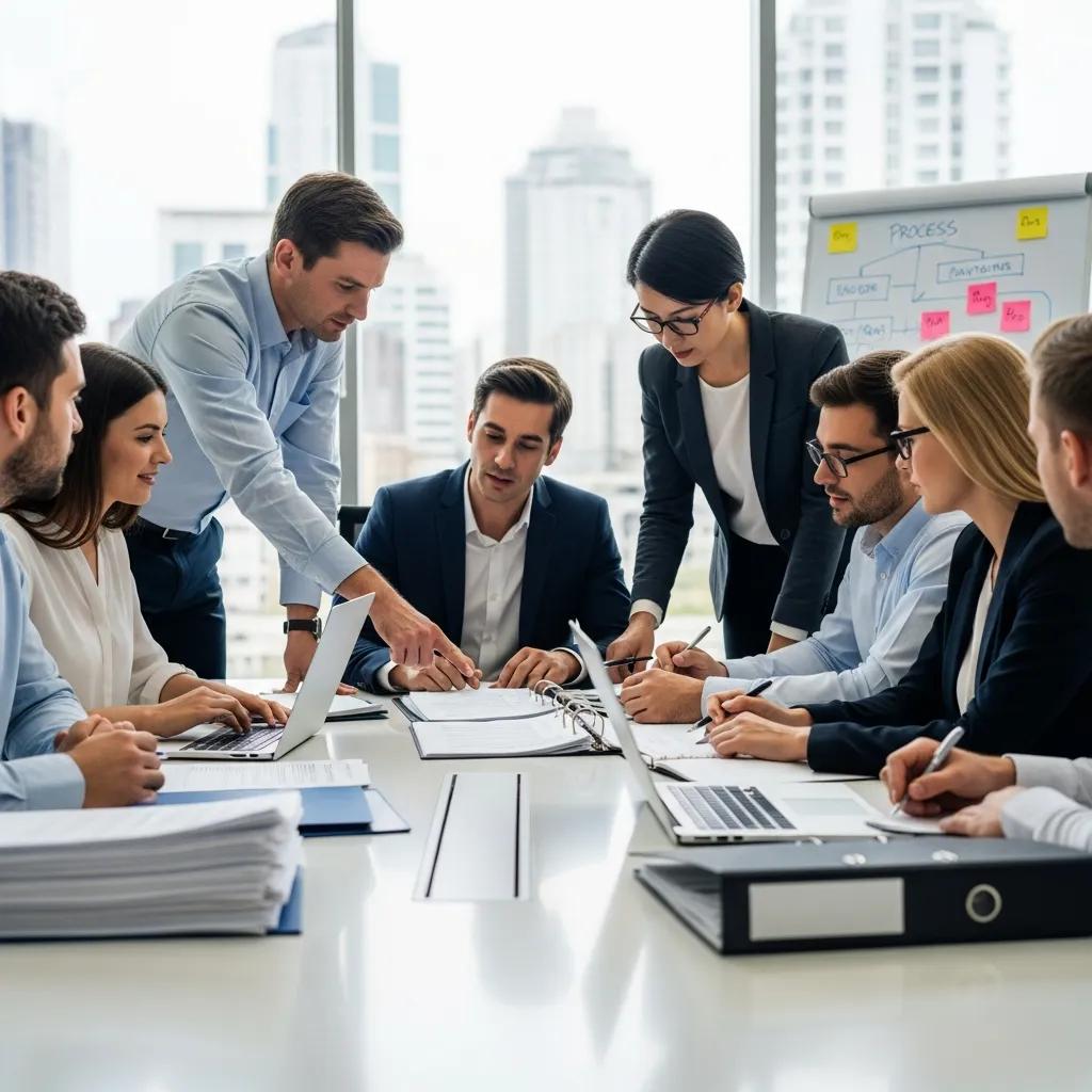 Team of auditors discussing ISO certification documents in a modern office setting