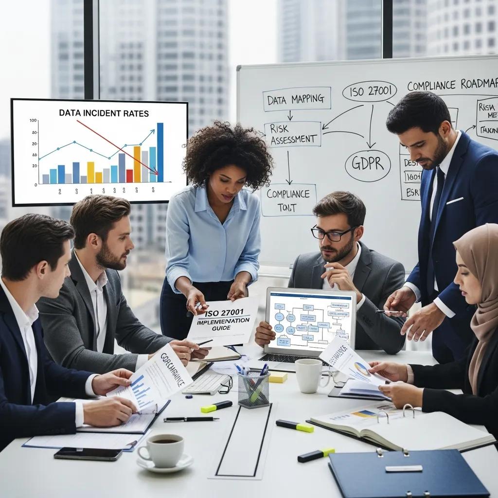 Team of professionals discussing ISO 27001 and GDPR compliance in a modern office setting