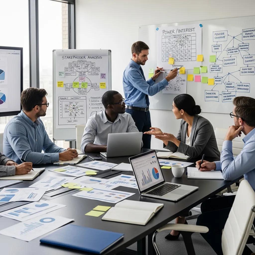 Colleagues conducting stakeholder analysis with whiteboard and documents