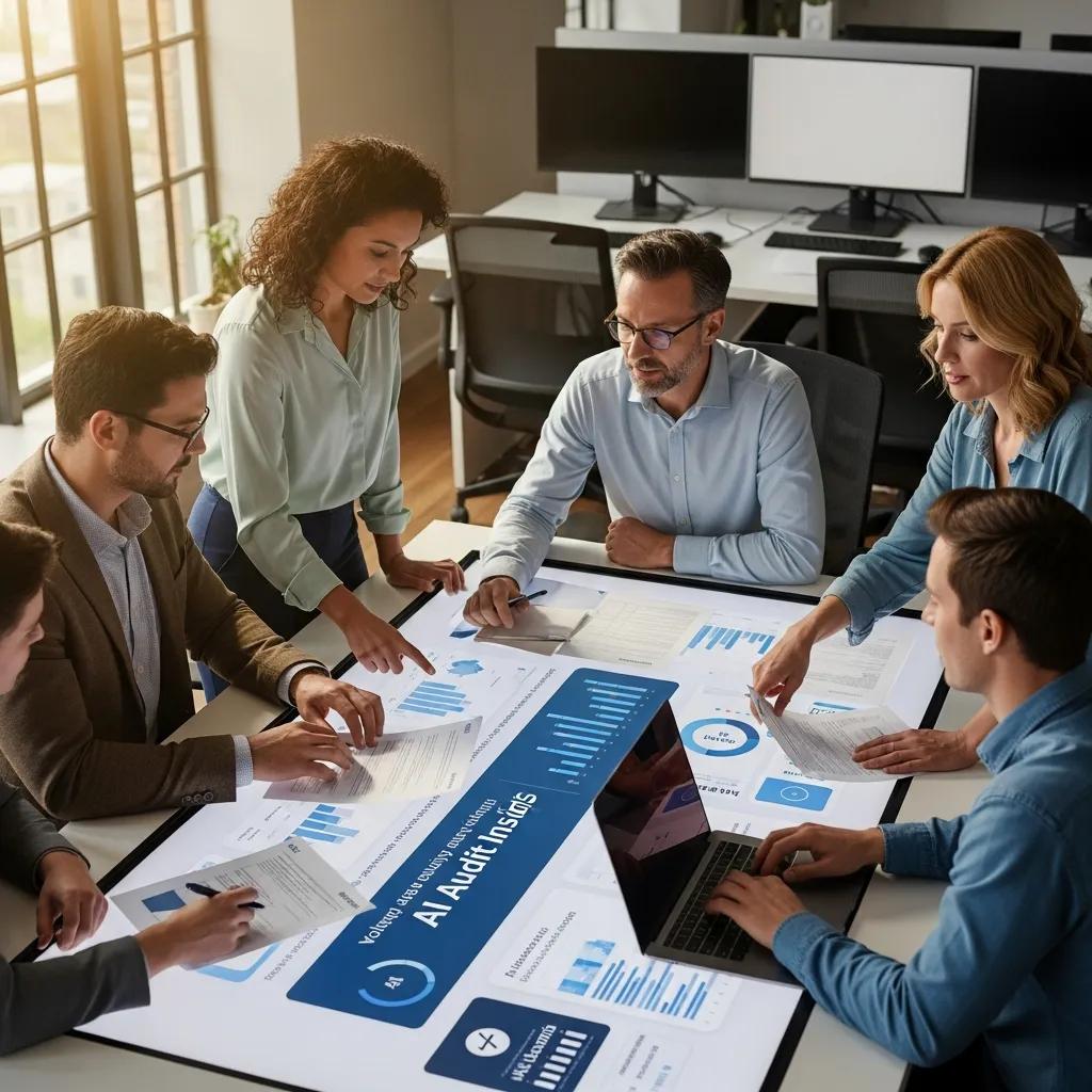 Team of quality management professionals collaborating on ISO 9001 compliance with AI tools